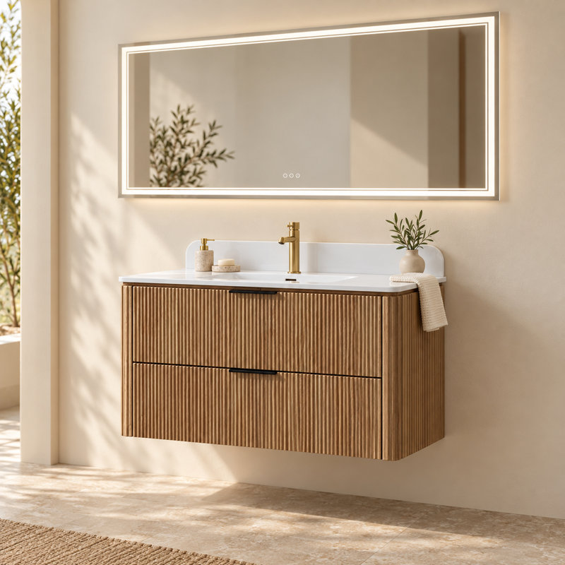 Ensemble de vanité suspendue noire de 91 cm (36 po) avec lavabo intégré et miroir de courtoisie à DEL de 91 x 183 cm (36 x 72 po).