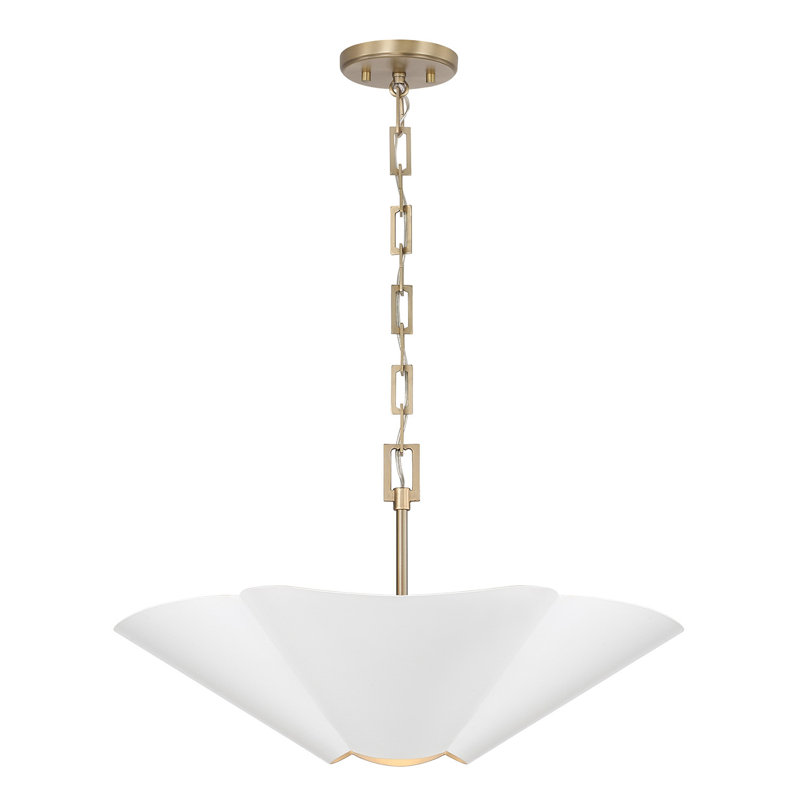 4-Light Modern Botanical Dual Mount Pendant in Matte White with Painted Matte Brass Interior and Square Designer Chain