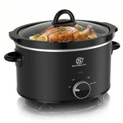 SUPERLEX Slow Cooker, 3.5L Oval Crock Pot, 180W with 3‑Cooking Settings, Tempered Glass Lid, Cool‑Touch Handles, Removable Easy‑Clean Pot & Stainless Steel Black Shell