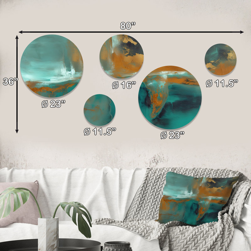 Teal Balance I - Décoration murale ronde abstraite en métal 5 pièces