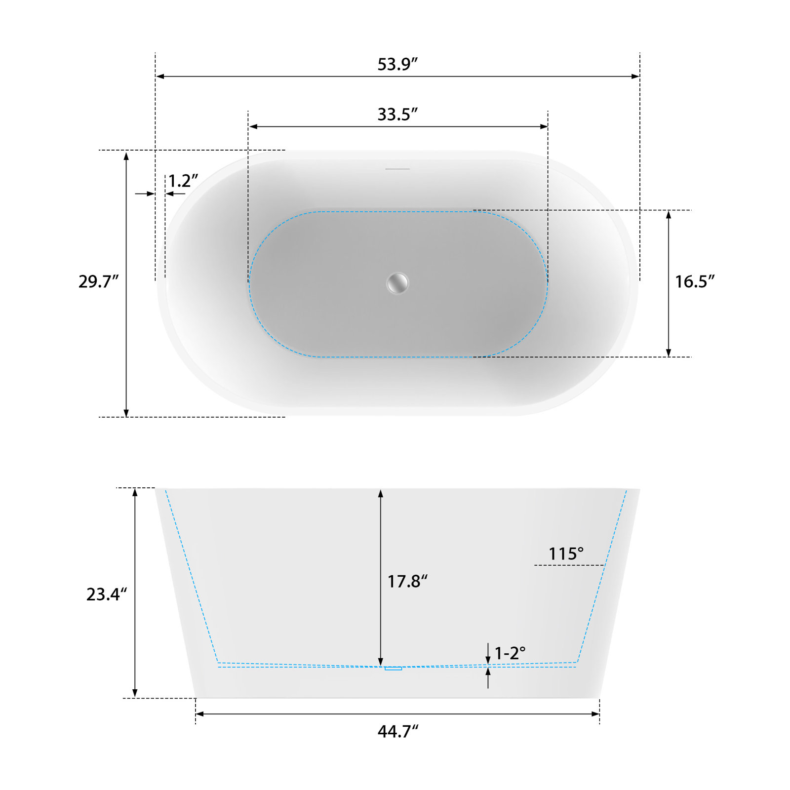 Iris 54" Freestanding Soaking Acrylic Bathtub, White/Titanium Gold