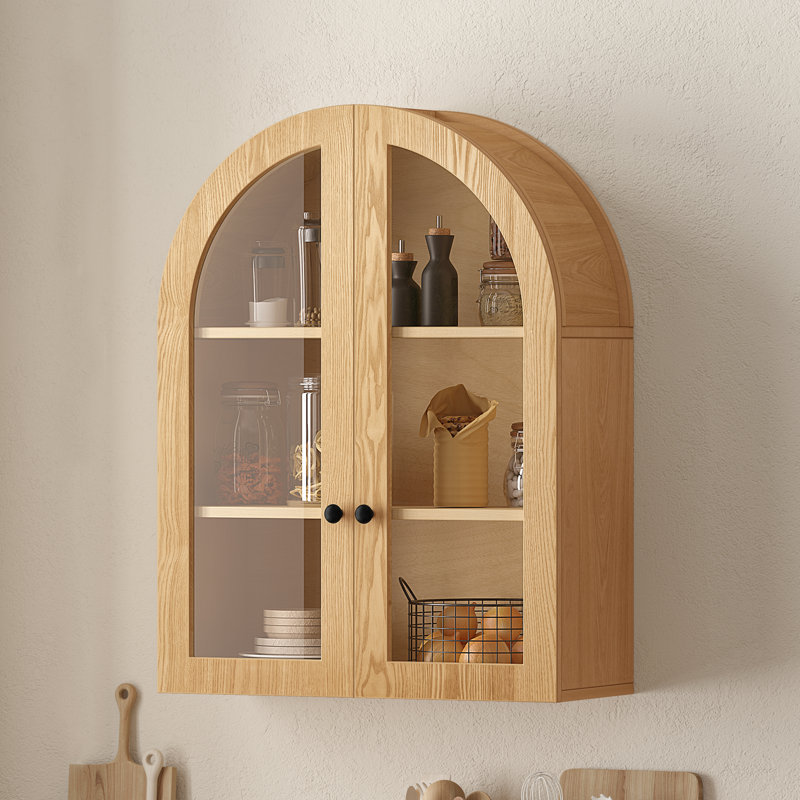 Armoire murale à porte vitrée cintrée de 80 cm de hauteur avec tablette ajustable, Naturel