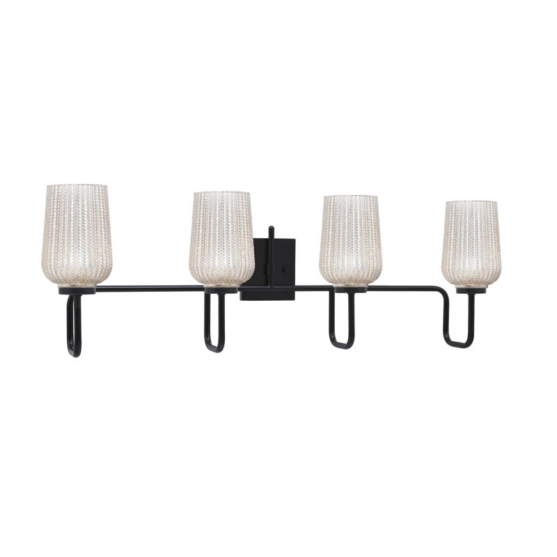 Barre d'éclairage de salle de bain 4 lumières Amarmula, finition noir mat, verre texturé argenté de 5 po, Argenté/Transparent