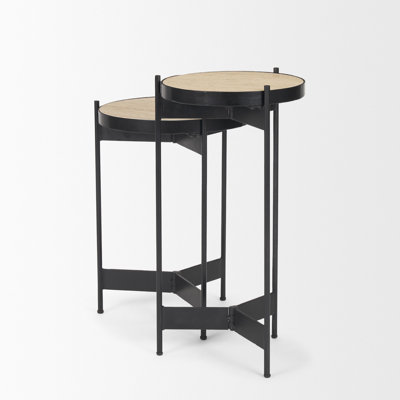 Wade Travertine Marble W/ Matte Black Metal End Tables