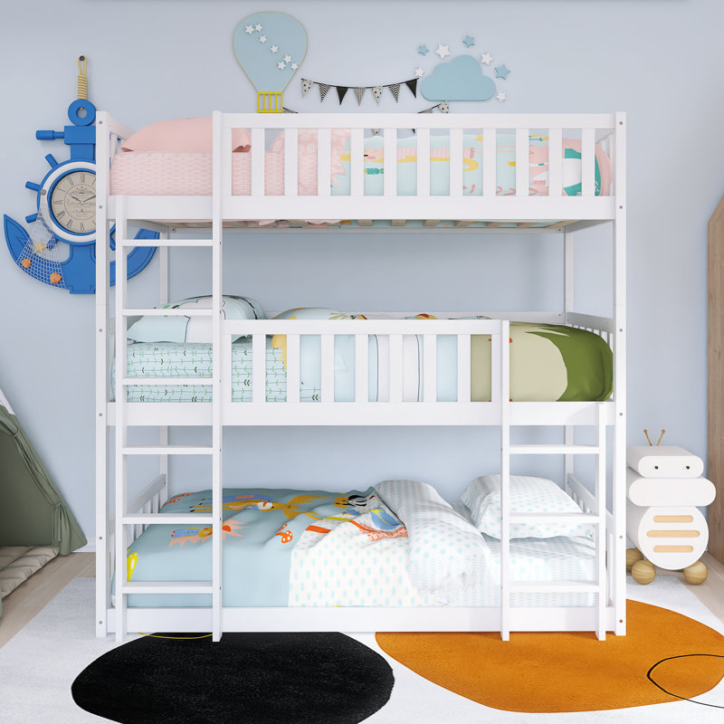 Wood Frame Twin Over Twin Over Twin Size Triple Bunk Bed With Ladders, White