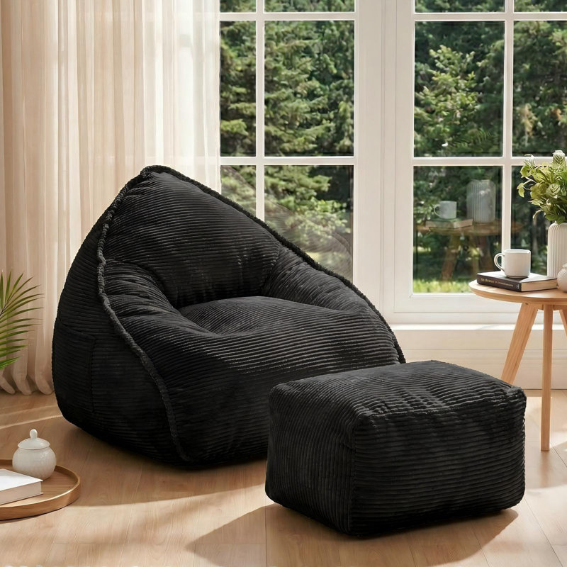 Large Bean Bag Chair Set with Ottoman and Side Pocket for Adults, Black Corduroy