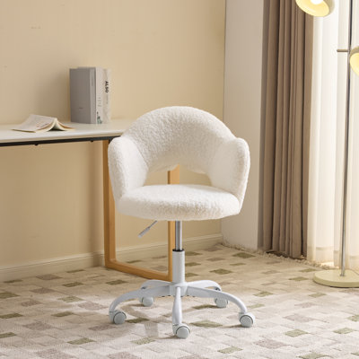 Fluffy Sherpa Petal Back Swivel Accent Chair Vanity Stool Armless Task Chair With With Detachable Bow Pillow