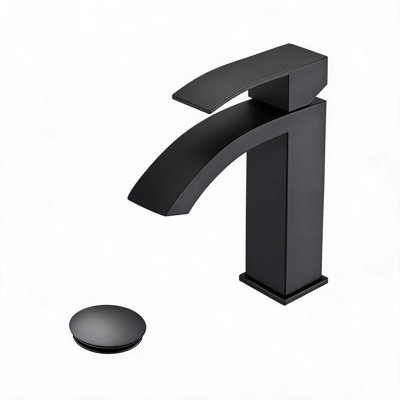 Robinet de lavabo de salle de bain à poignée simple en acier inoxydable noir mat avec bonde escamotable