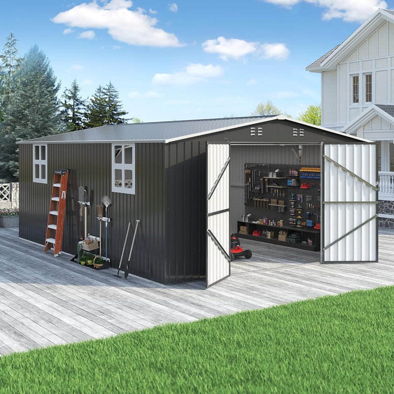 VIWAT 12 ft. W x 18 ft. D Galvanized Steel Outdoor Storage Shed, 12x18 FT, Yes