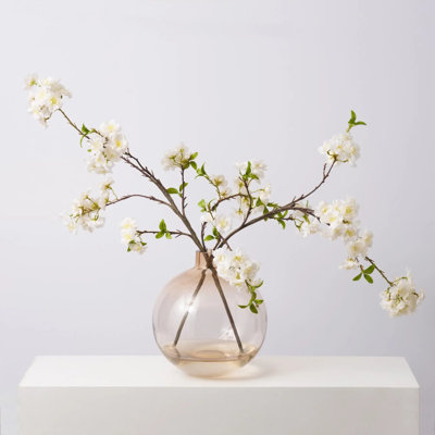 Lifelike Wild Cherry Blossom White Blooms in Large Amber Ball Vase Large Everyday Faux Floral Water Illusion Arrangement