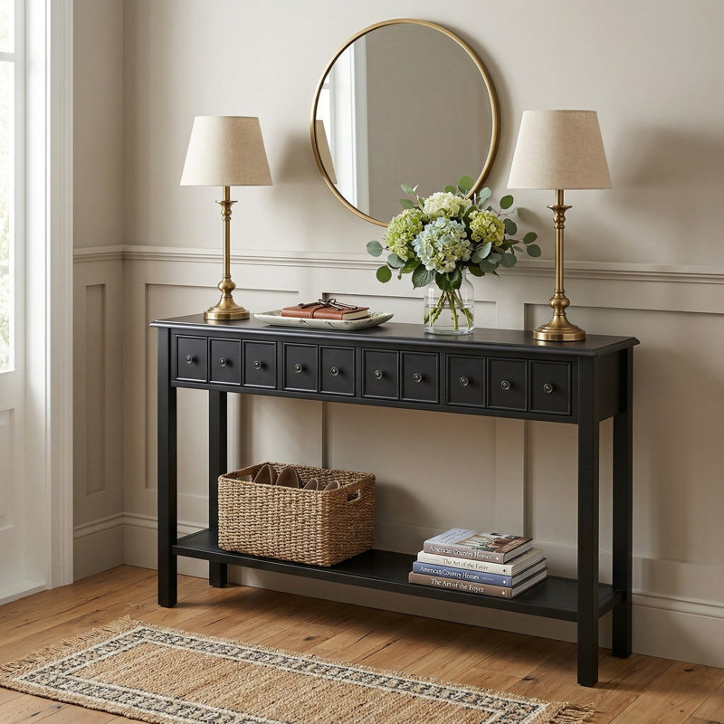 60 Inch Extra Long Console Sofa Table With 4 Storage Drawers And Open Display Shelf For Living Room Entryway Hallway Foyer