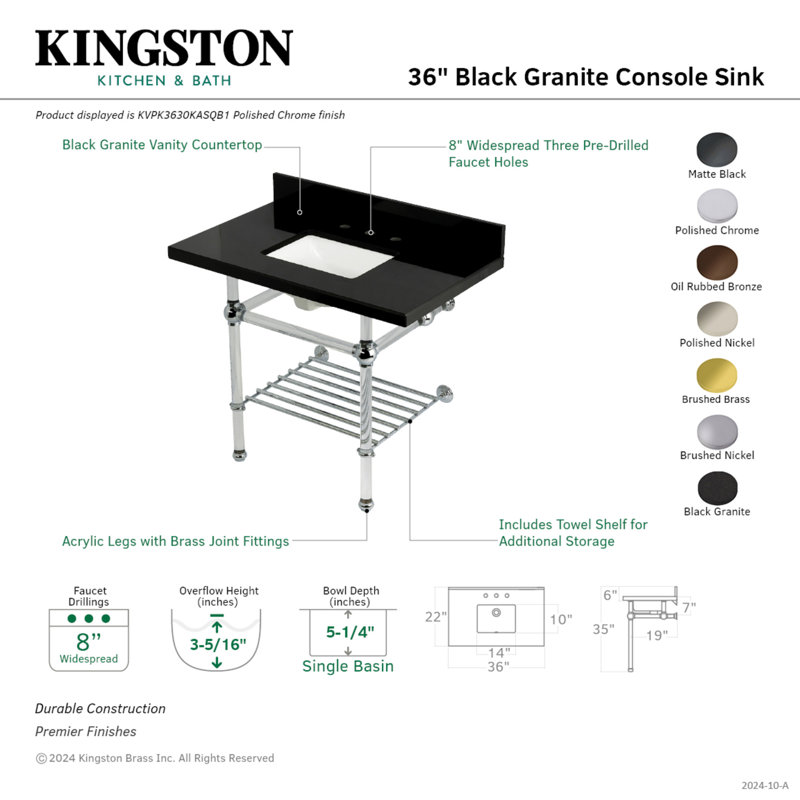 Kingston Brass Templeton 36-Inch Black Granite Console Sink with Acrylic Legs and Shelf (8-Inch, 3-Hole), Oil Rubbed Bronze
