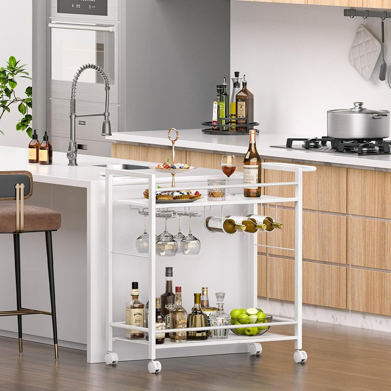 Chariot-bar avec roulettes, chariot de service roulant avec tablettes de rangement, organisateur de bar pour maison mobile, blanc