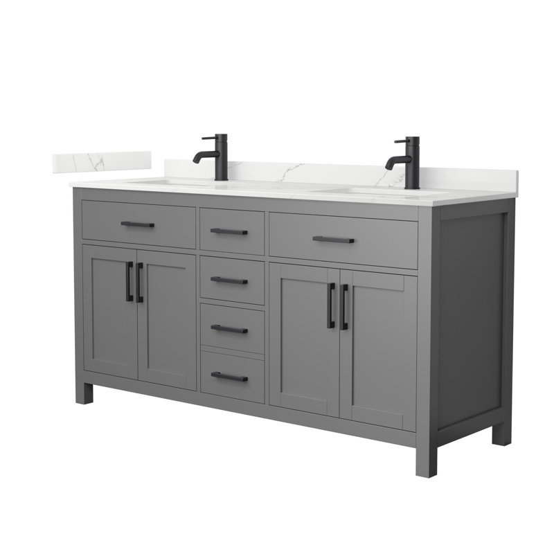 Beckett 66" Freestanding Double Bathroom Vanity with Quartz Top, Giotto Quartz, Matte Black, Dark Gray