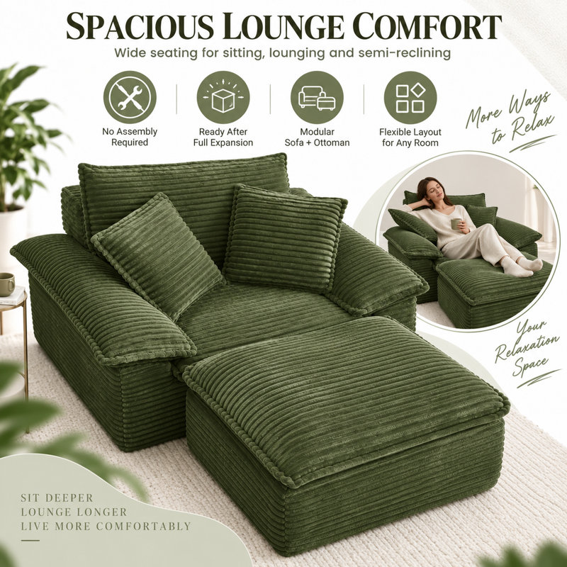 Chaise longue surdimensionnée Rosner avec repose-pieds mobile, support à ressorts et rembourrage en molleton, Vert