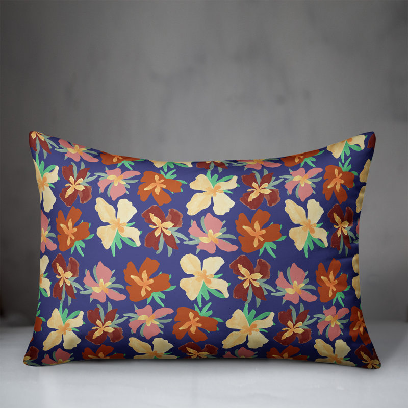 Coussin Floral, H 14 po x l 20 po, Rectangle, Motif floral bleu