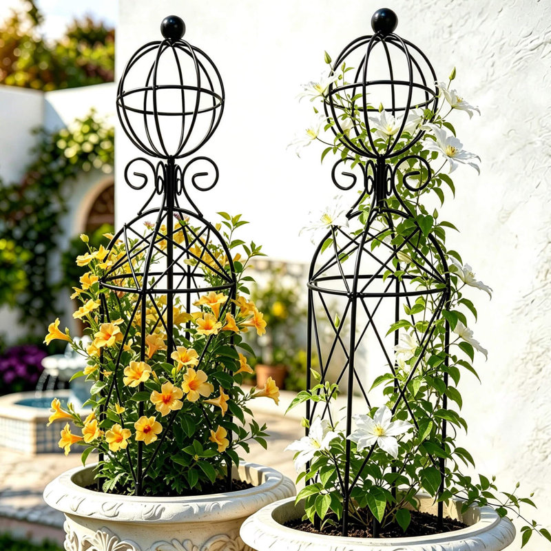 Ensemble de 2 treillis obélisques en métal pour jardin, support sphérique géométrique de 71 cm pour plantes