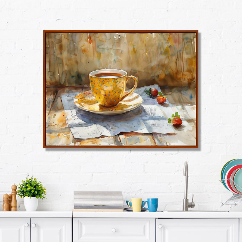 «White Beige Cozy Cup Of Coffee II», impression d'art mural café, Cadre flottant brun, H 34 po x l 44 po