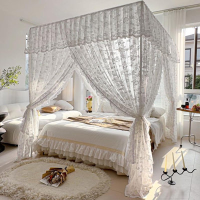 Elegant Lace Princess 4 Corner Post Mosquito Net Romantic for Girls Women Bed Curtain Canopy for Adults Wedding Bedroom Kids Rooms Decoration，White2,Queen