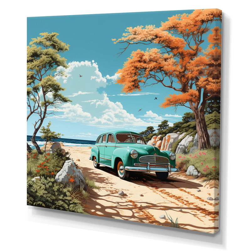 Vintage Oldtimer Classic Turquoise Car Beachside I sur impression sur toile, H 36 po x l 36 po x P 1,5 po, Toile tendue