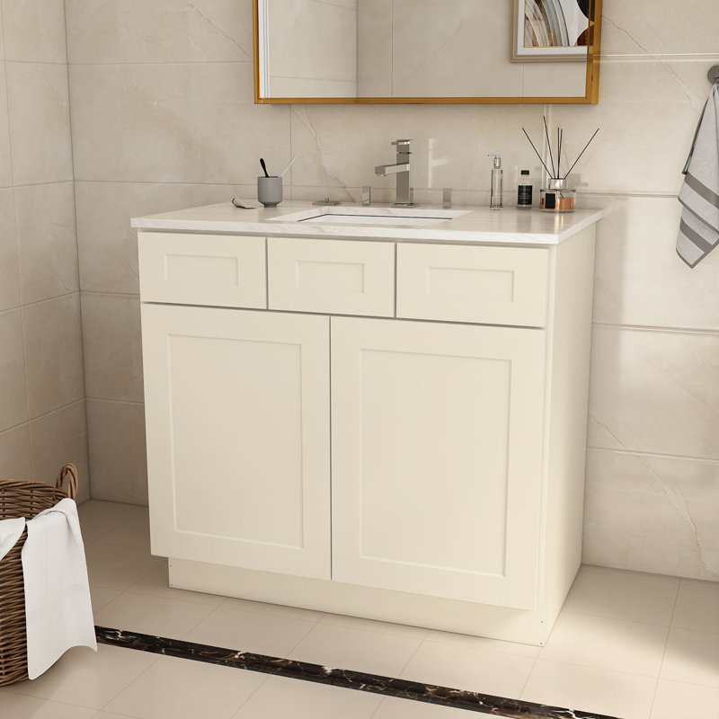 Armoire de meuble-lavabo de 36 po de largeur en contreplaqué blanc antique avec profondeur de 21 po, mécanisme de fermeture en douceur polyvalent x 34,5 po de hauteur