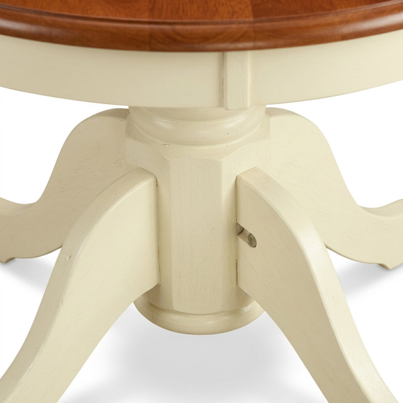 Ensemble table et chaises de salle à manger rondes en bois massif de cerisier couleur babeurre, piètement central et dossier à lattes