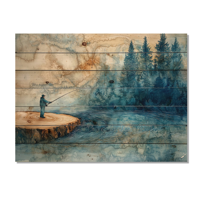 Wood Slide Fishing Into The Winter River - Hunting & Fishing Wood Wall Art - On Natural Pine Wood, 10" H x 20" W