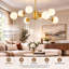 35.4"H 8-Light Mid-Century Sputnik Chandelier, Brass Gold Milk Glass Globe Pendant Light