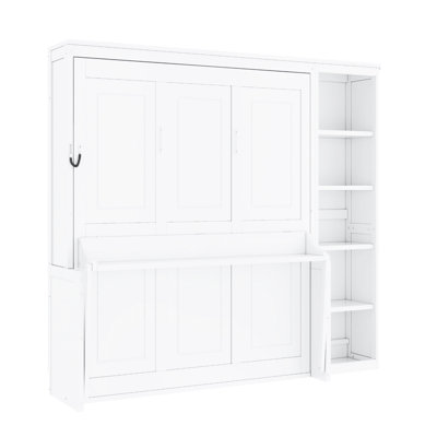 Full Size White Bed With Desk And Shelving For Dominoes, High - Quality Pine Wood , Space Saving In Storage Billiard Balls   , Material, Fold