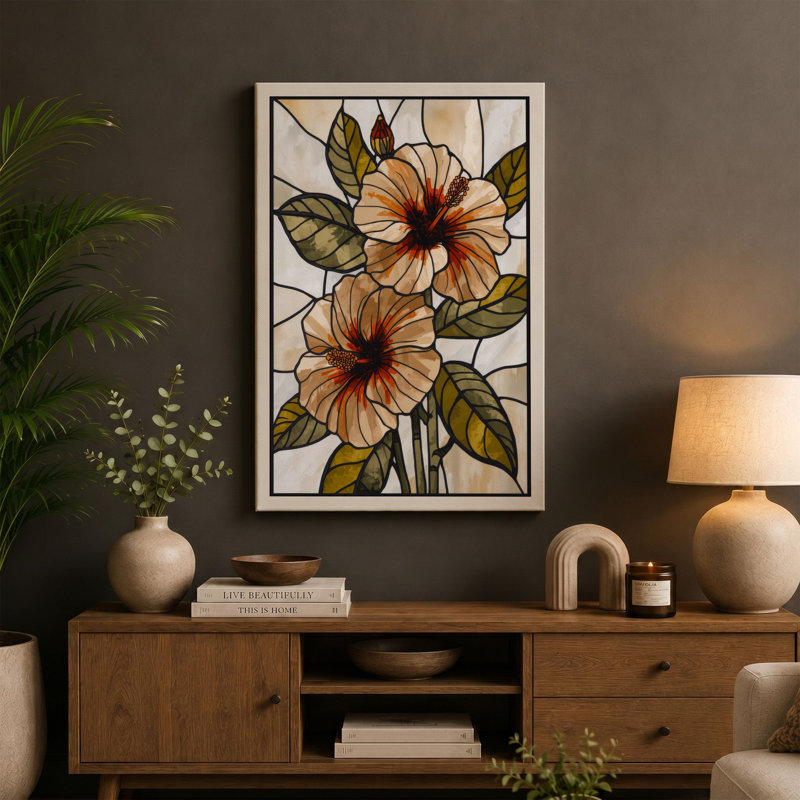 Stained Glass Flowers Botanical - Wrapped Canvas, 36x24 - 91.4 x 61.0 cm, Ochre Border