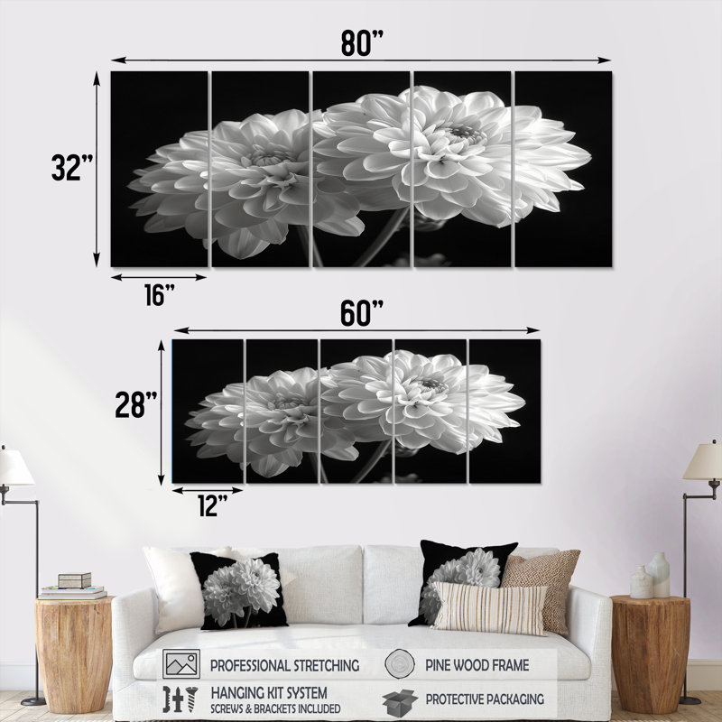 Monochromes blanc noir, «Mums Botanical Beauty I», ensemble d'art mural, H 32 po x l 80 po