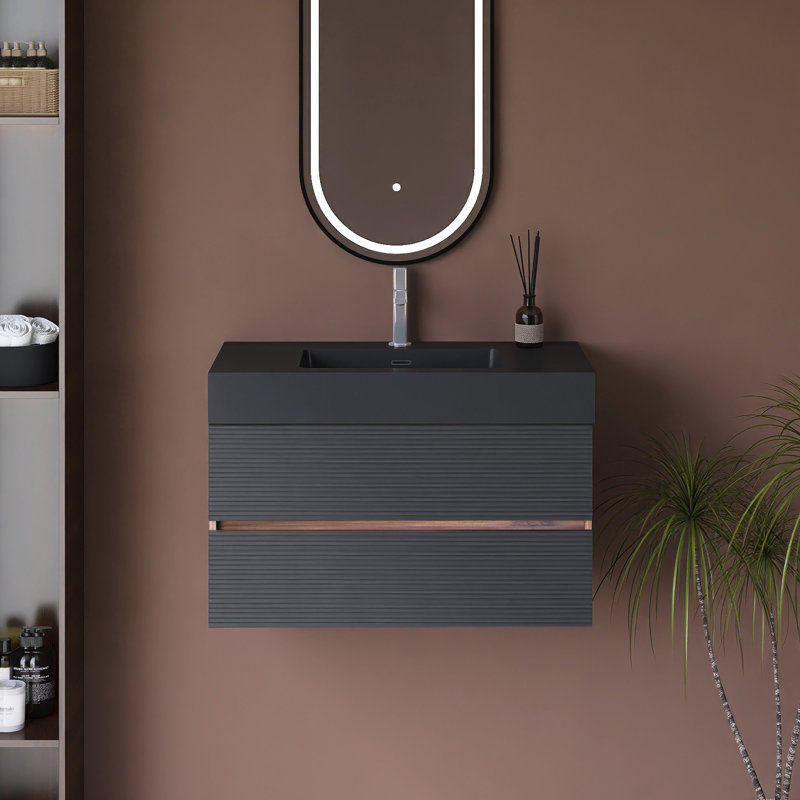 Wall-Mounted Bathroom Vanity With Integrated Solid Surface Basin, 36"