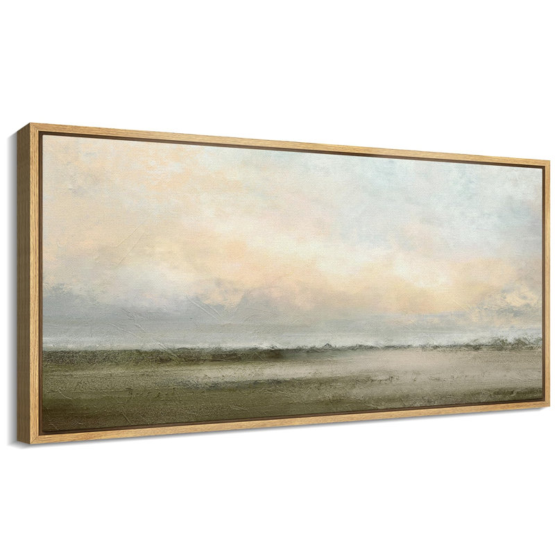 Muted Green Sunrise French Country Landscape Rustic Neutral Large Framed Canvas Print Wall Art Work, Floater Framed Print