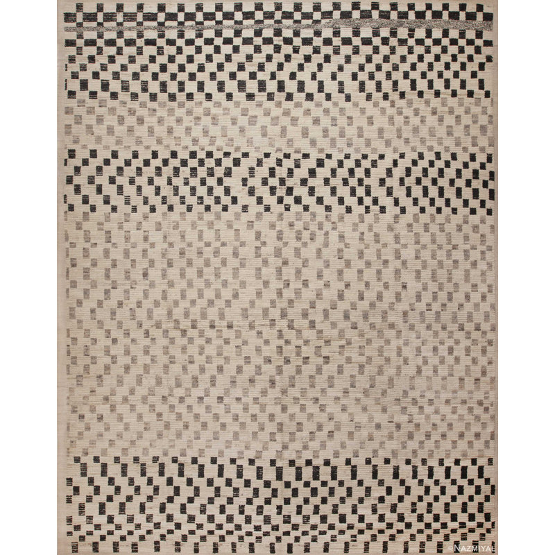 Tapis contemporain à motif de damier moderne crème / gris / noir de grande taille One-of-a-Kind