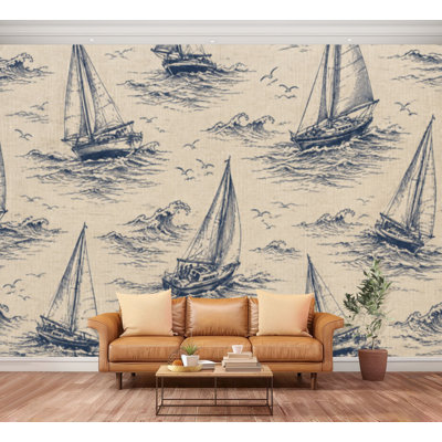 Papier peint adhésif repositionnable, motif marin bleu marine, voilier, mer, océan, plage, toile de jute, grand format, pour salon, chambre d'enfant (254 cm x 366 cm). Parfait pour le salon, la chambre ou la chambre d'enfant. Dimensions : 254 cm (H) x 366 cm (L).