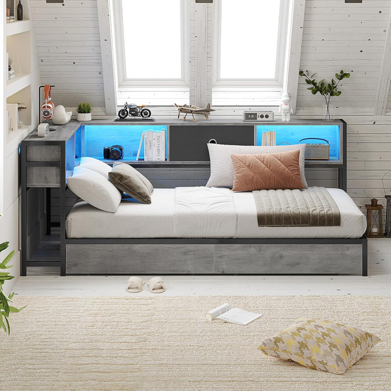 Corner Bed Frame  With Led Light And Charging Station, Modern  Bed With Bookcase And 2 Underbed Storage Drawers, Modern Daybed No Box Spring Needed/noise-free