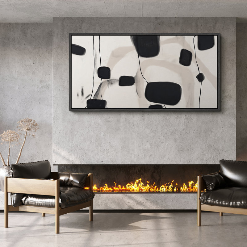 Toile abstraite blanche encadrée, art mural moderne minimaliste, Noir, H 30 po x l 60 po