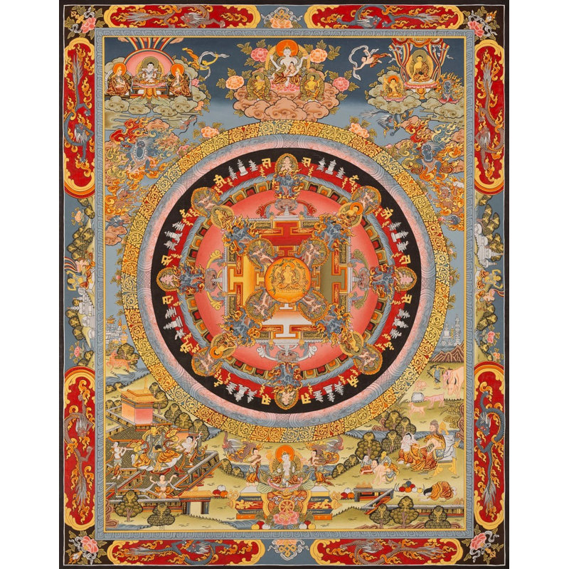 Mandala Manjushree (Thangka sans brocart) | Or 24 carats, gouache et couleur acrylique sur toile de coton