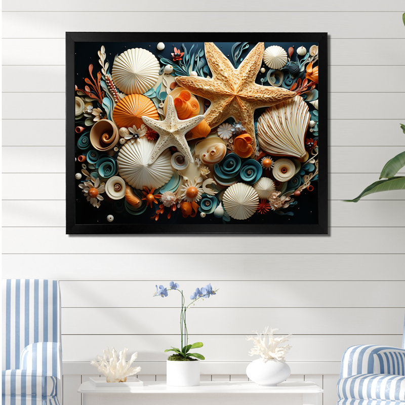 Collage moderne de coquillages de plage - art mural océan, H 34 po x l 44 po x P 1,5 po, Cadre simple noir