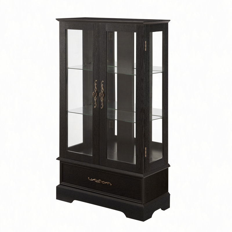 Lighted Glass Curio Cabinet With Adjustable Shelves - Elegant 2-Door Display Cabinet & Built-In Drawer, Includes Bulb