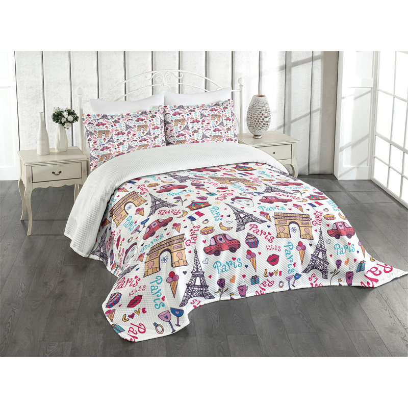Ambesonne Paris Bedspread Set Cartoon Car Eiffel Wine Rose Multicolor