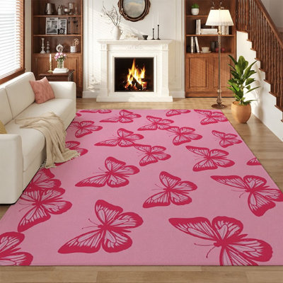 Pink Butterfly Print Area Rug, Soft Non‑Slip Indoor Floor Carpet, Girl Aesthetic Decorative Rug for Bedroom, Living Room, Dorm, Bedside