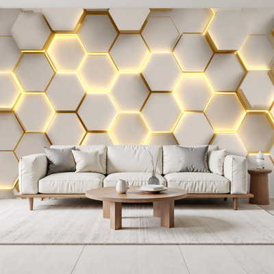 Papiers peints futuristes à peler et coller 3D, panneaux muraux hexagonaux 3D haut de gamme, bordures incandescentes, H 69 po x l 96 po, papier mural amovible en PVC, auto-adhésif, pour le salon, la chambre et le bureau