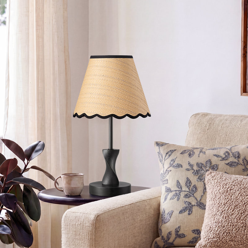 15.35" Solid Wood Table Lamp with Scallop Shade for Living Room Bedroom, Bedside Table