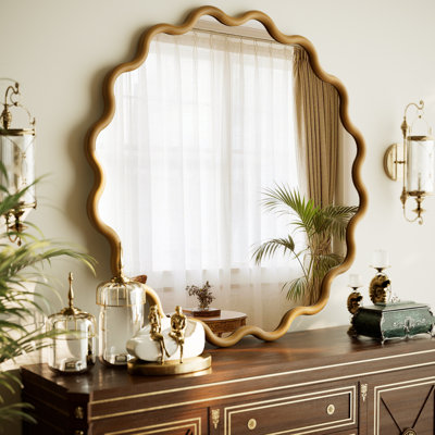 30" x 30" Wavy Round Mirror Solid Wood Frame Decorative Wall Mirror for Bedroom Bathroom Living Room Entryway