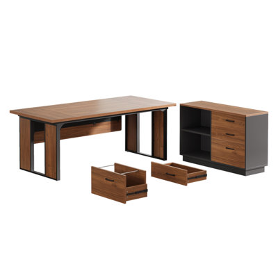 63-Inch L-Shaped Executive Desk With 47-Inch File Cabinet, Modern Office Computer Desk With Drawers & Open Storage Shelves, Business Workstation Furniture For Home Office, Brown And Black