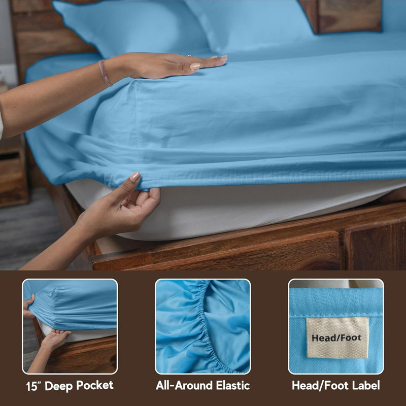 Ensemble de lit en draps 100% coton naturel Home Prides - satin de coton à densité de tissage 400, Bleu