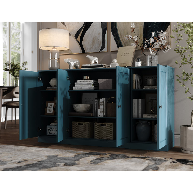 Kweku 100% Solid Wood 65" Sideboard with Raised Panel Doors & Adjustable Shelves, Teal