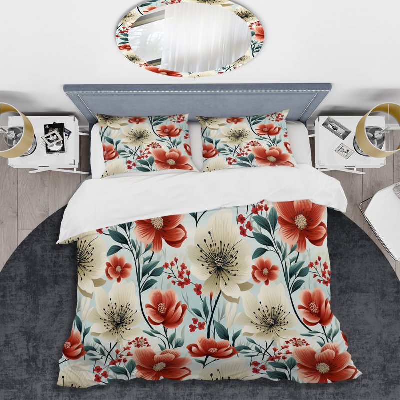 Blue & Red Coastal Elegance Floral Pattern I - Ensemble de housse de couette à motif floral