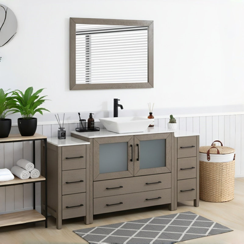 Meuble-lavabo simple 60 po avec plateau en marbre d'ingénierie avec miroir, Bois flottant gris, Noir mat